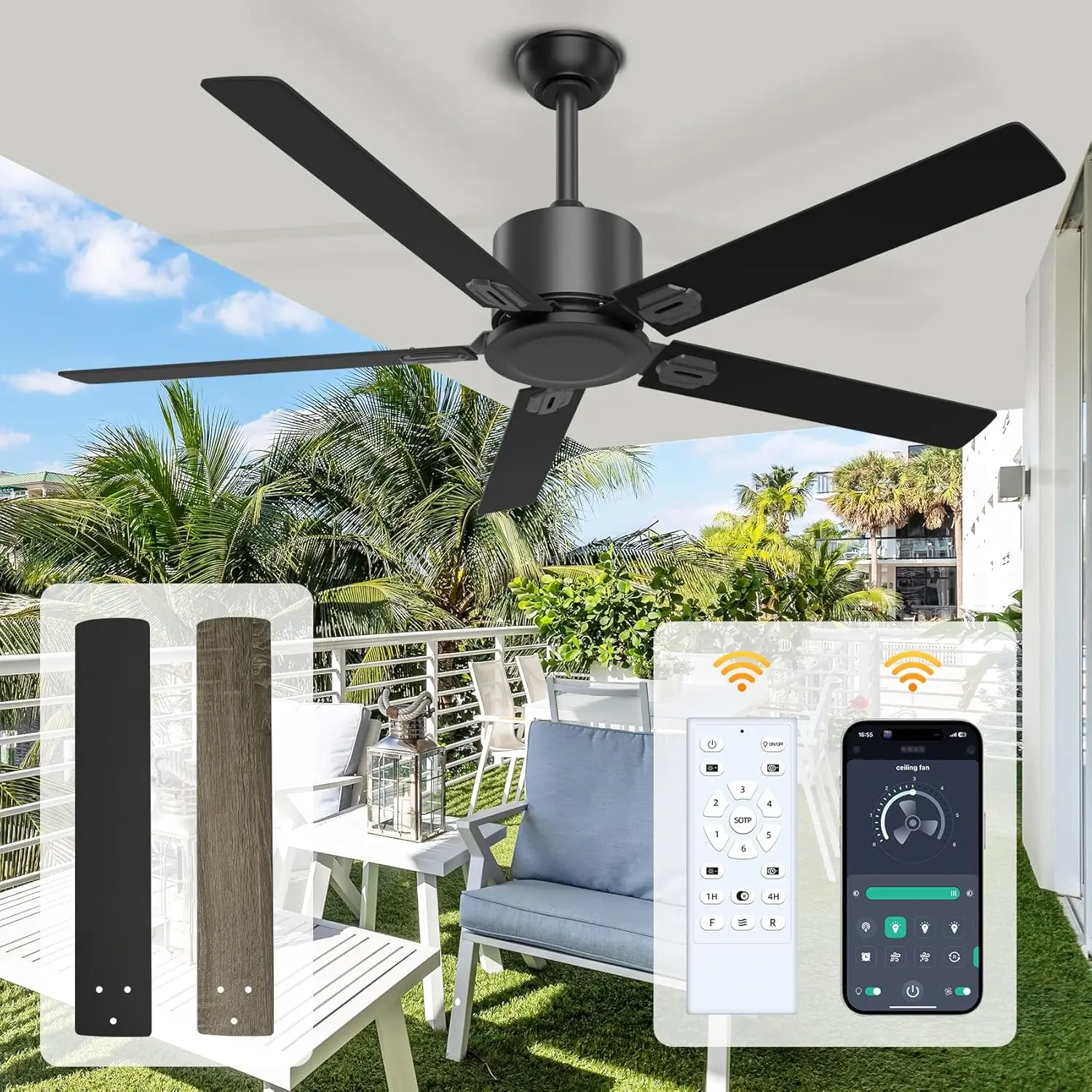 Breeze of Comfort: 52-Inch Modern Outdoor Ceiling Fan with Remote